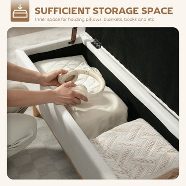 HOMCOM Storage Ottoman Bench, Foot Rest with Lift-Up Lid and Wood Legs, Linen Storage Chest for Living Room, Cream White