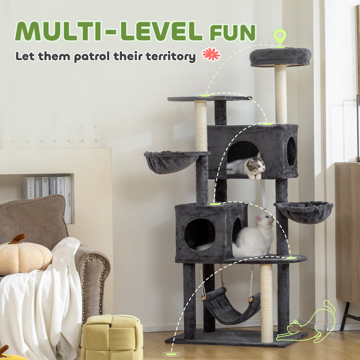 PawHut 66 Inch Large Cat Tree with 2 Door Condos, 3 Big Hammocks, Plush Top Perch, Sisal Scratching Posts, Light Grey