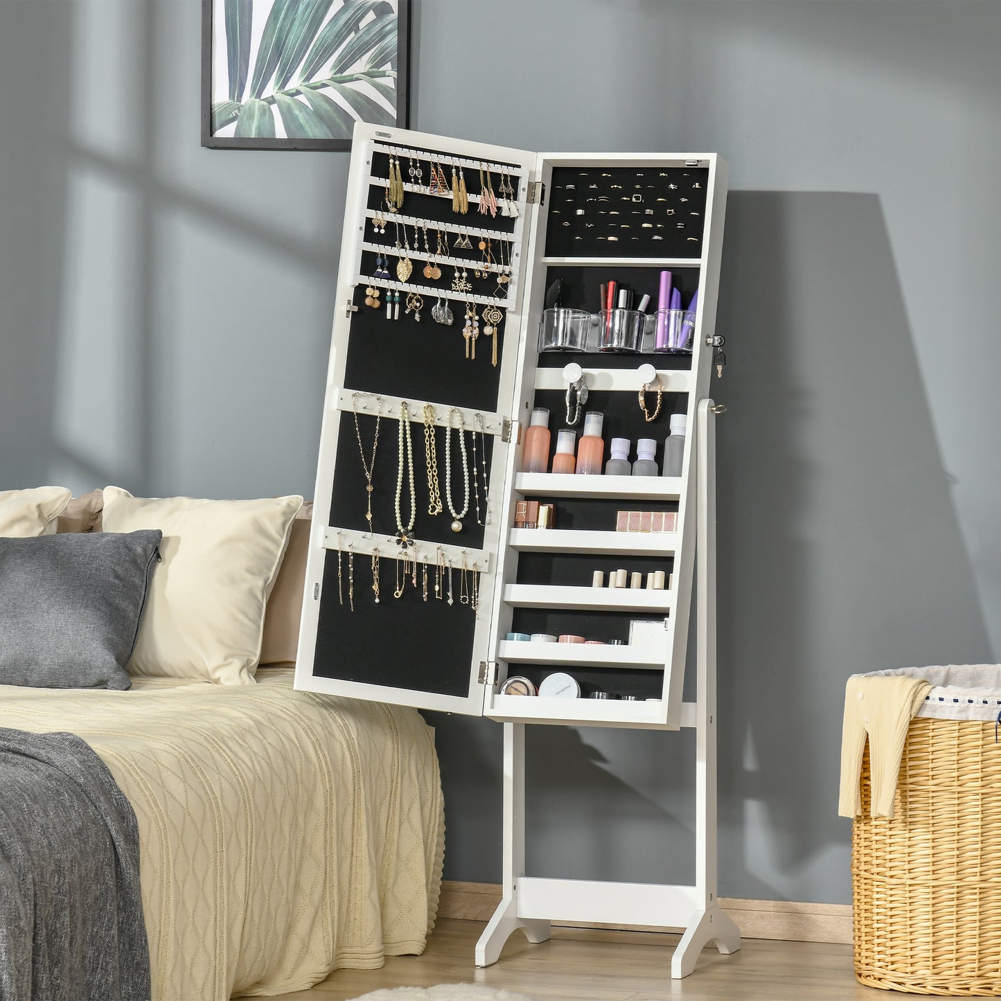 HOMCOM Lockable Jewelry Armoire with LED Light, Standing Mirror with Storage for Bedroom Dressing Room, White