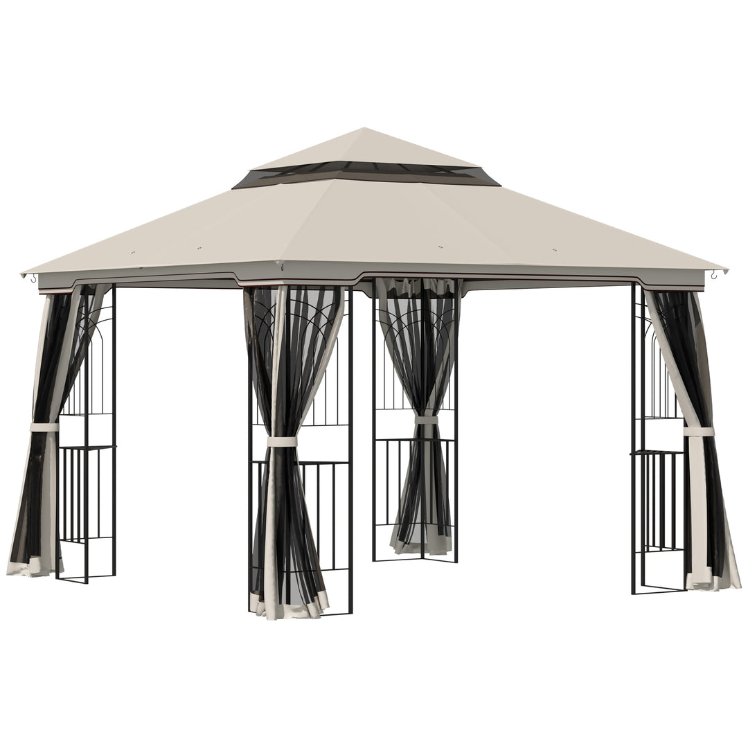 Outsunny 10'x10' Soft-top Patio Gazebo with Double Tier Roof, Mesh Curtains, Display Shelves, Top Hooks, Coffee