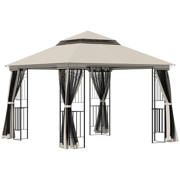 Outsunny 10'x10' Soft-top Patio Gazebo with Double Tier Roof, Mesh Curtains, Display Shelves, Top Hooks, Coffee