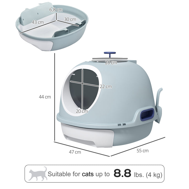 PawHut Cat Litter Box Toilet with Lid, Covered Litter Box with Scoop, Enclosed Drawer and Skylight, Blue