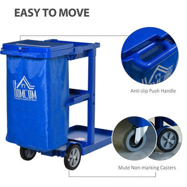 HOMCOM Commercial Janitorial Cart with 3 Tier Shelves Professional Cleaning Trolley with Rubbish Bag with Lid and Mop Mount for Hotel, Restaurant, Office,  47.75"x20"x39.25", Blue