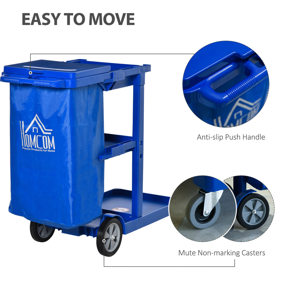 HOMCOM Commercial Janitorial Cart with 3 Tier Shelves Professional Cleaning Trolley with Rubbish Bag with Lid and Mop Mount for Hotel, Restaurant, Office,  47.75"x20"x39.25", Blue