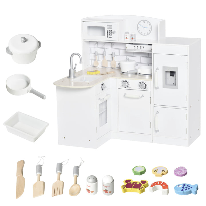 Qaba Kids Kitchen Play Cooking Toy Set for Children with Drinking Fountain, Microwave, Accessories, White