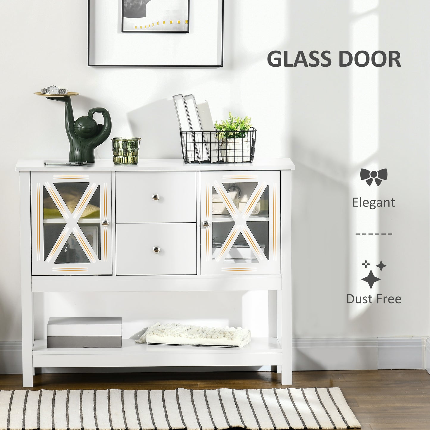 HOMCOM Modern Sideboard, Glass Door Buffet Cabinet with Storage Drawers and Adjustable Shelves, Console Table for Living Room, Kitchen, Entryway, White