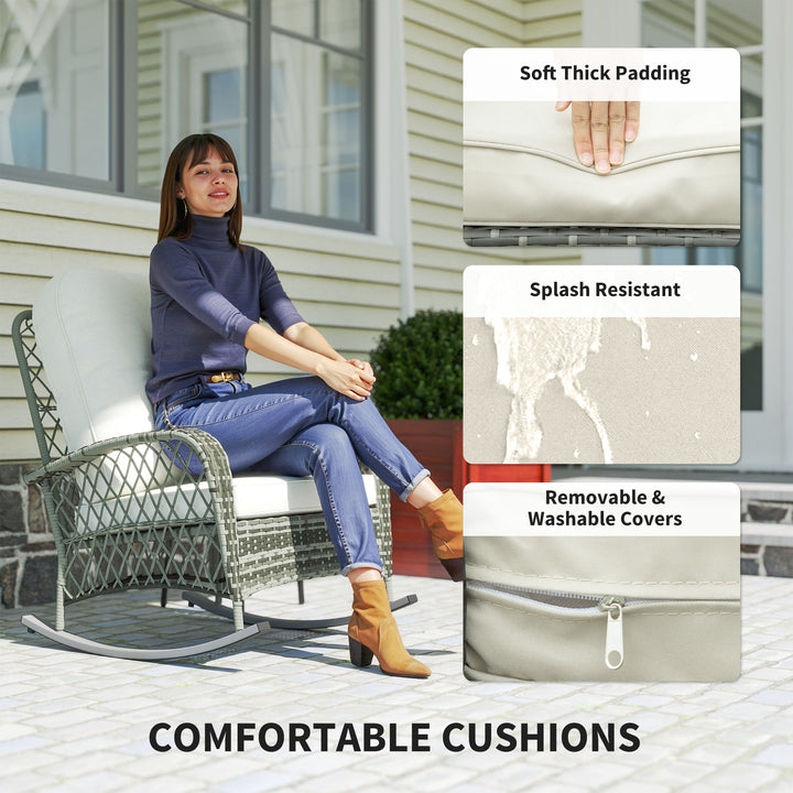 Outsunny Rattan Rocking Chair, Outdoor Wicker Patio Rocker Chair Furniture with Thick Cushions, for Garden Backyard Porch, Khaki
