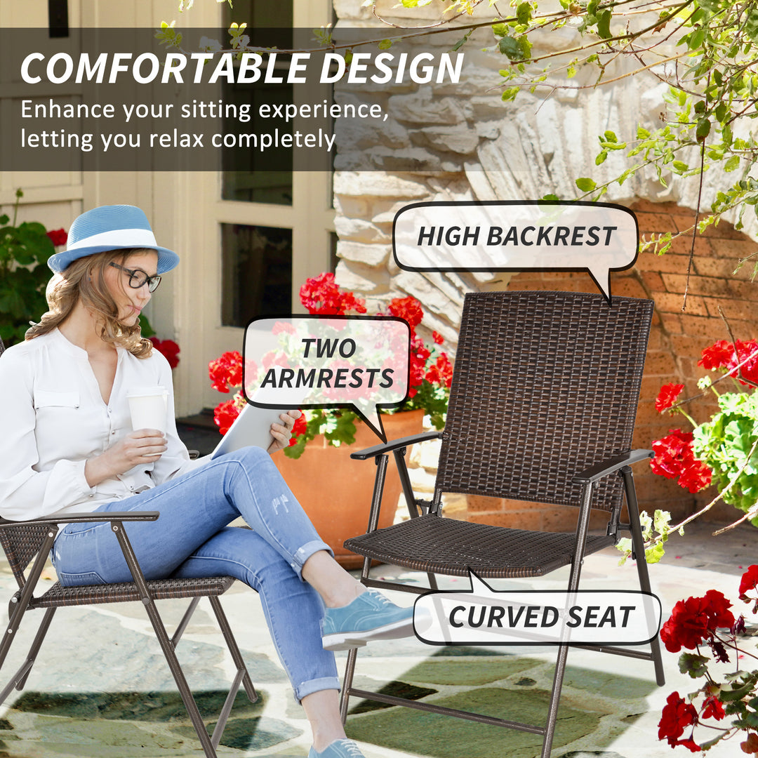 Outsunny Outdoor Wicker Dining Chair Set of 2, 2 Pieces Rattan Foldable Chair with Steel Frame for Garden, Backyard, Porch, Brown