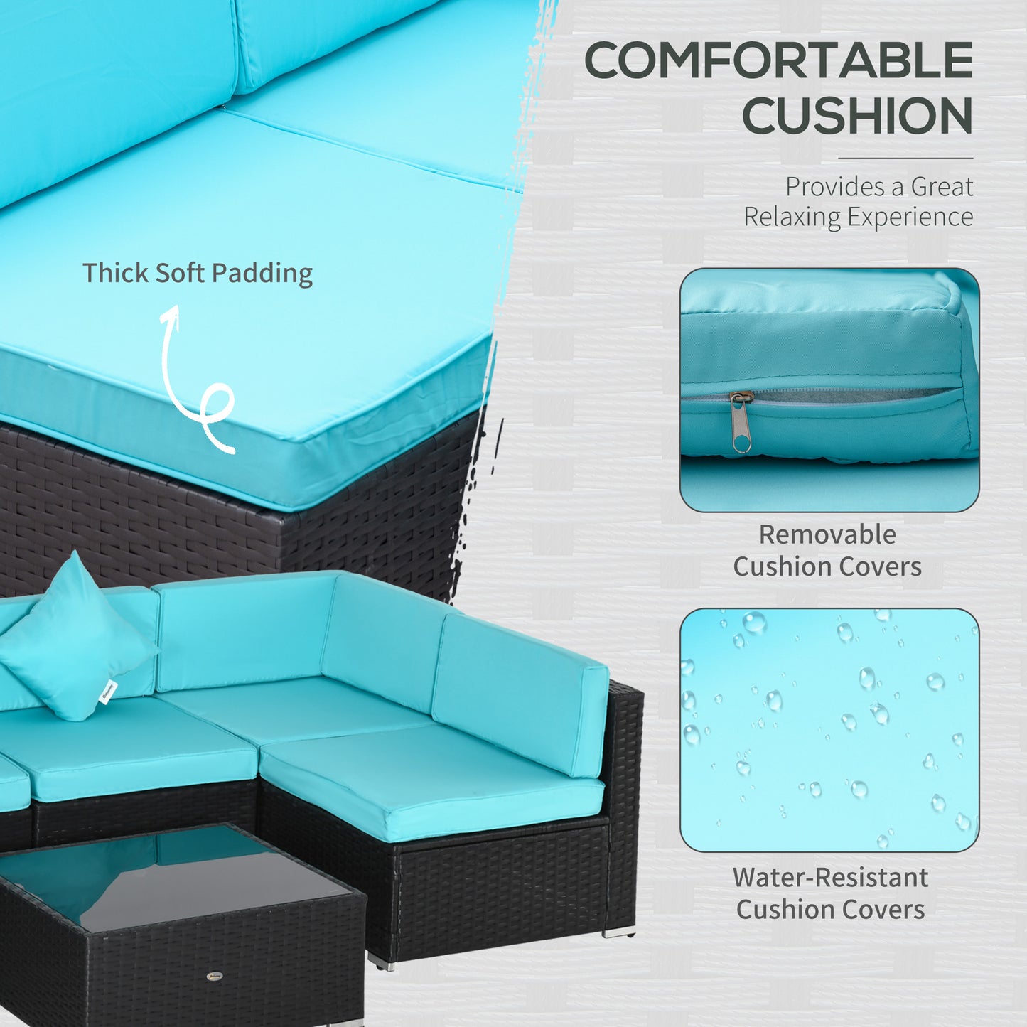Outsunny 7 Pieces Outdoor Rattan Furniture Set, Patio Wicker Sectional Conversation Sofa Set, Blue