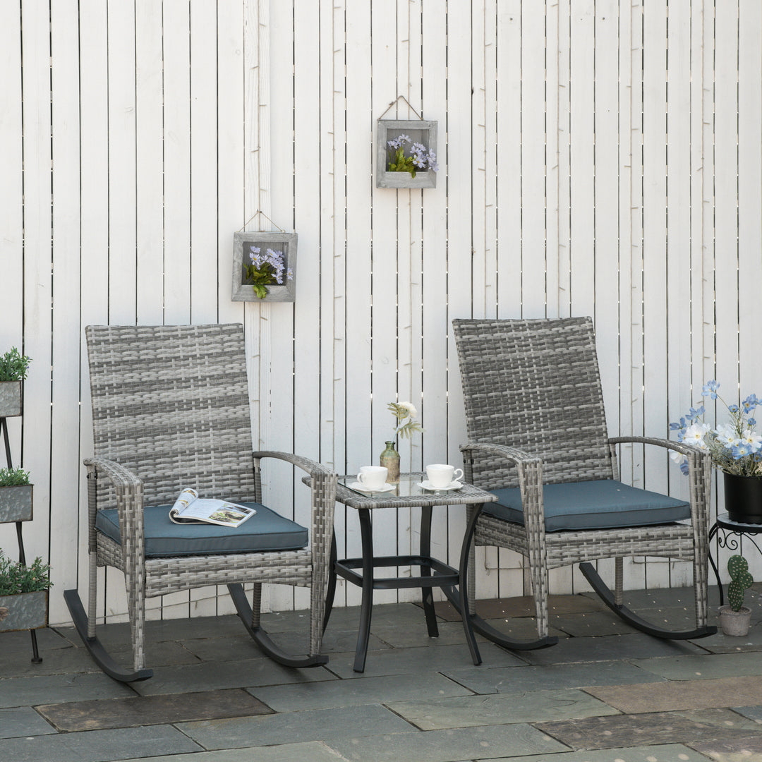 Outsunny 3 Pieces Patio Wicker Rocking Chair Set,  Outdoor PE Rattan Bistro Set Conversation Rocker Set with 2 Chairs 1 Coffee Table for Backyard, Deck, Poolside, Dark Grey