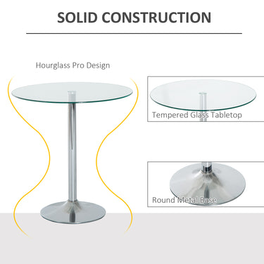 HOMCOM Round Dining Table, Modern Pub Table with Tempered Glass Top, Galvanized Metal Base, Small Dining Table, Silver