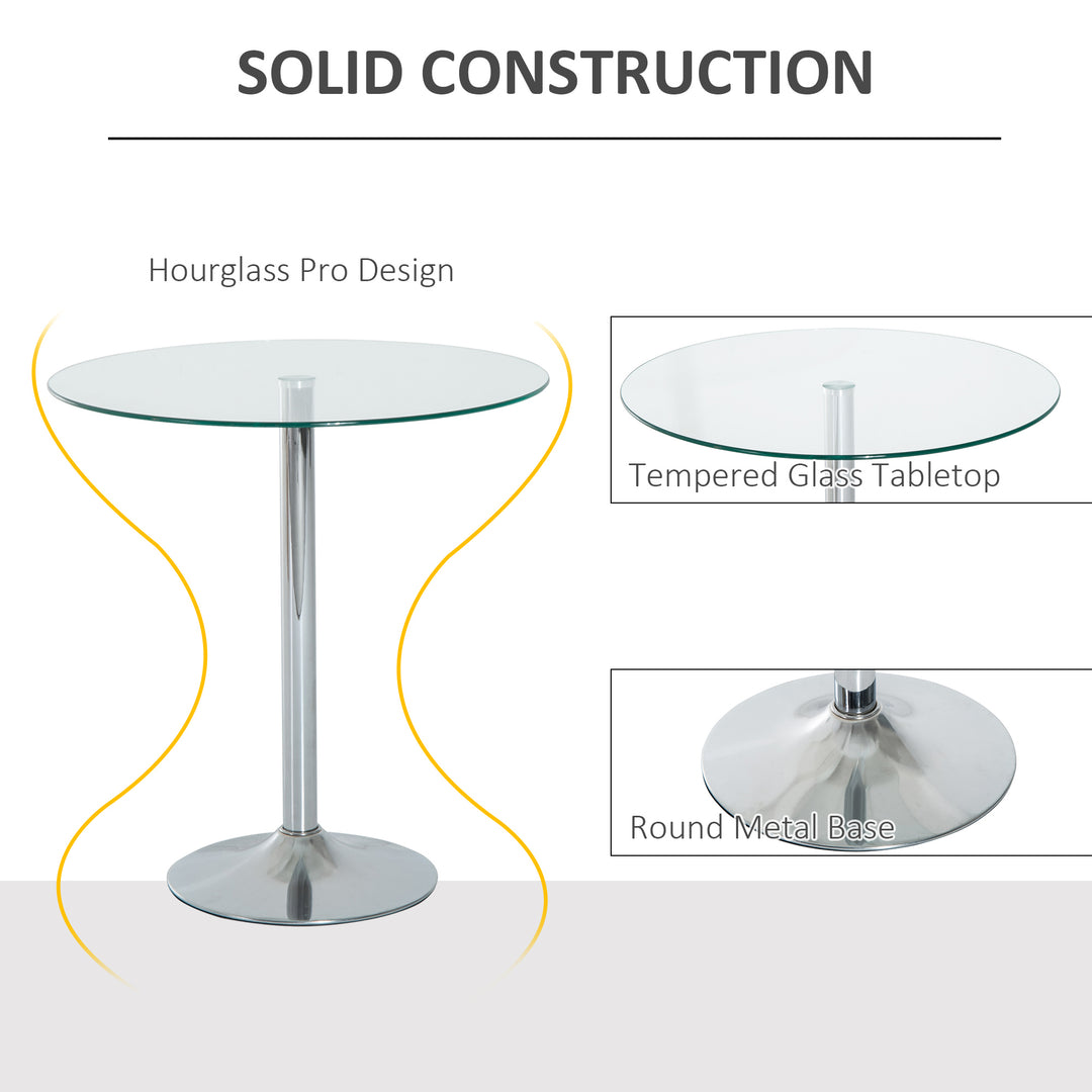 HOMCOM Round Dining Table, Modern Pub Table with Tempered Glass Top, Galvanized Metal Base, Small Dining Table, Silver