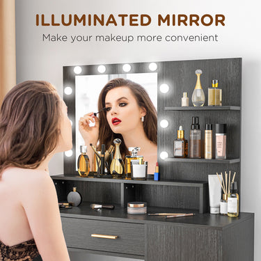 HOMCOM Illuminated Dressing Table Set, LED Vanity Table Set with Stool, LED Mirror, Drawer and Cabinet Shelves for Bedroom