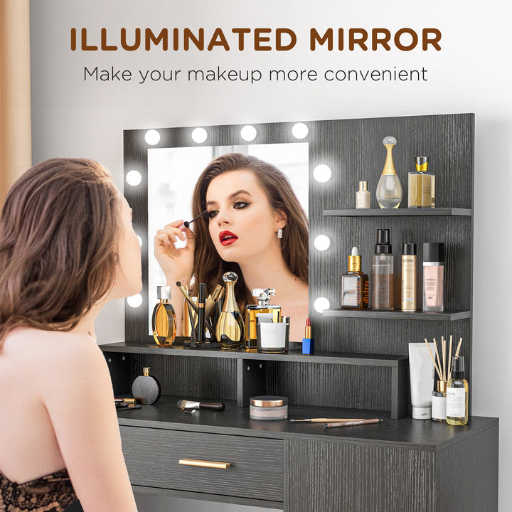 HOMCOM Illuminated Dressing Table Set, LED Vanity Table Set with Stool, LED Mirror, Drawer and Cabinet Shelves for Bedroom
