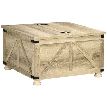 HOMCOM Farmhouse Coffee Table, Square Center Table with Flip-top Lids, Hidden Storage Compartment and Wooden Legs, Oak