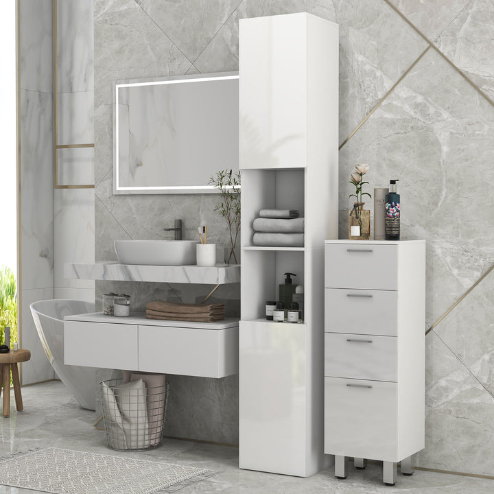 kleankin Tall Bathroom Cabinet, High Gloss Storage Cabinet with Doors and Adjustable Shelves, 11.8" x 11.8" x 71.5", White