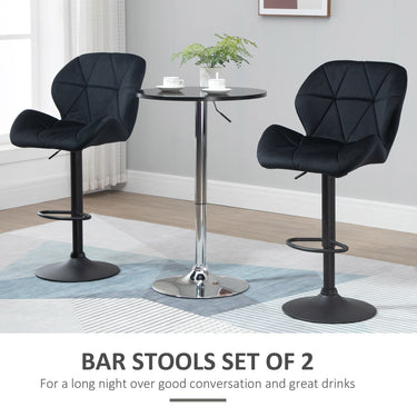 HOMCOM Bar Stool Set of 2 Fabric Adjustable Height Armless Upholstered Counter Chairs with Swivel Seat, Black