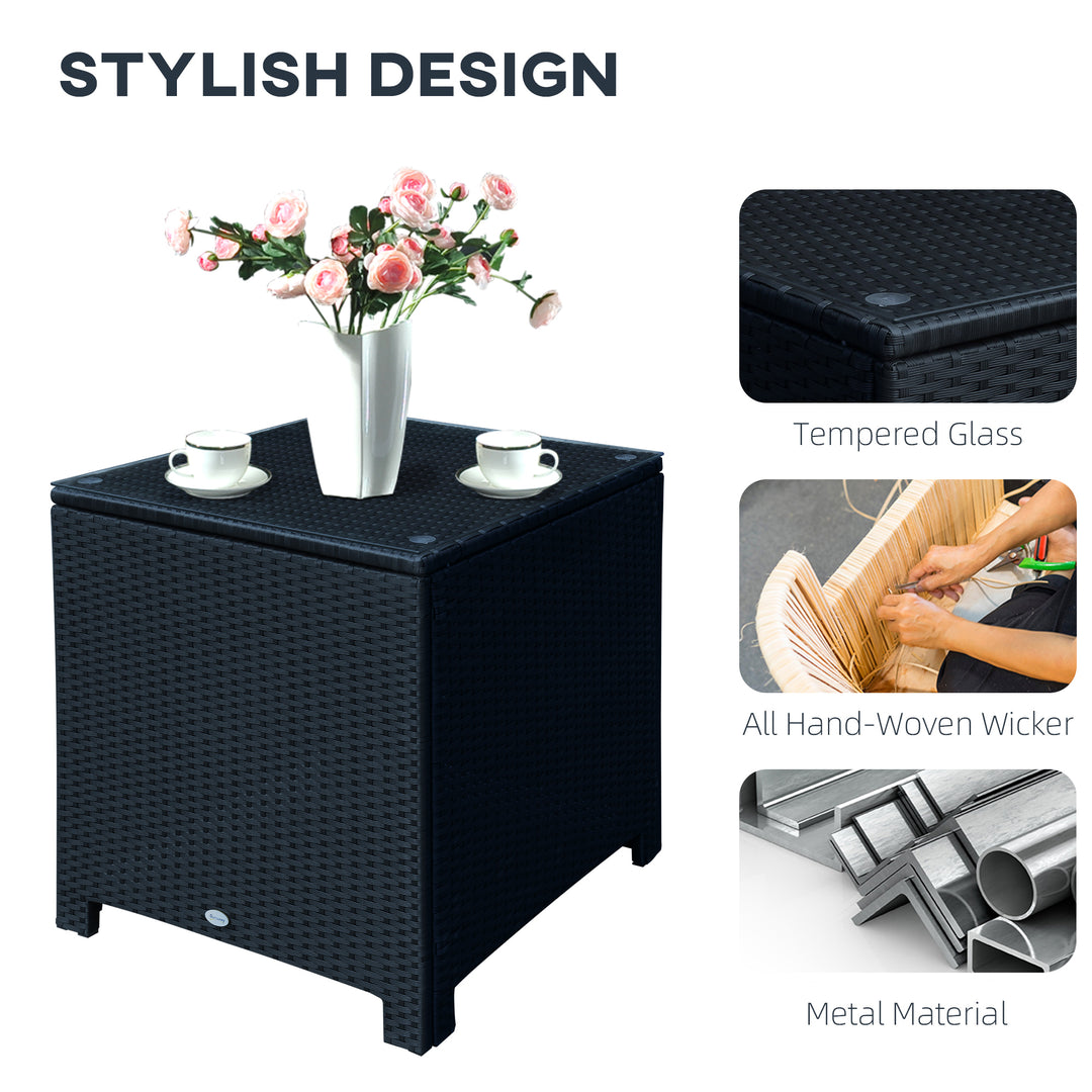 Outsunny Rattan Side Table Wicker Coffee Table with Glass Top Outdoor Patio Furniture For Patio Poolside Garden Lawn, Black