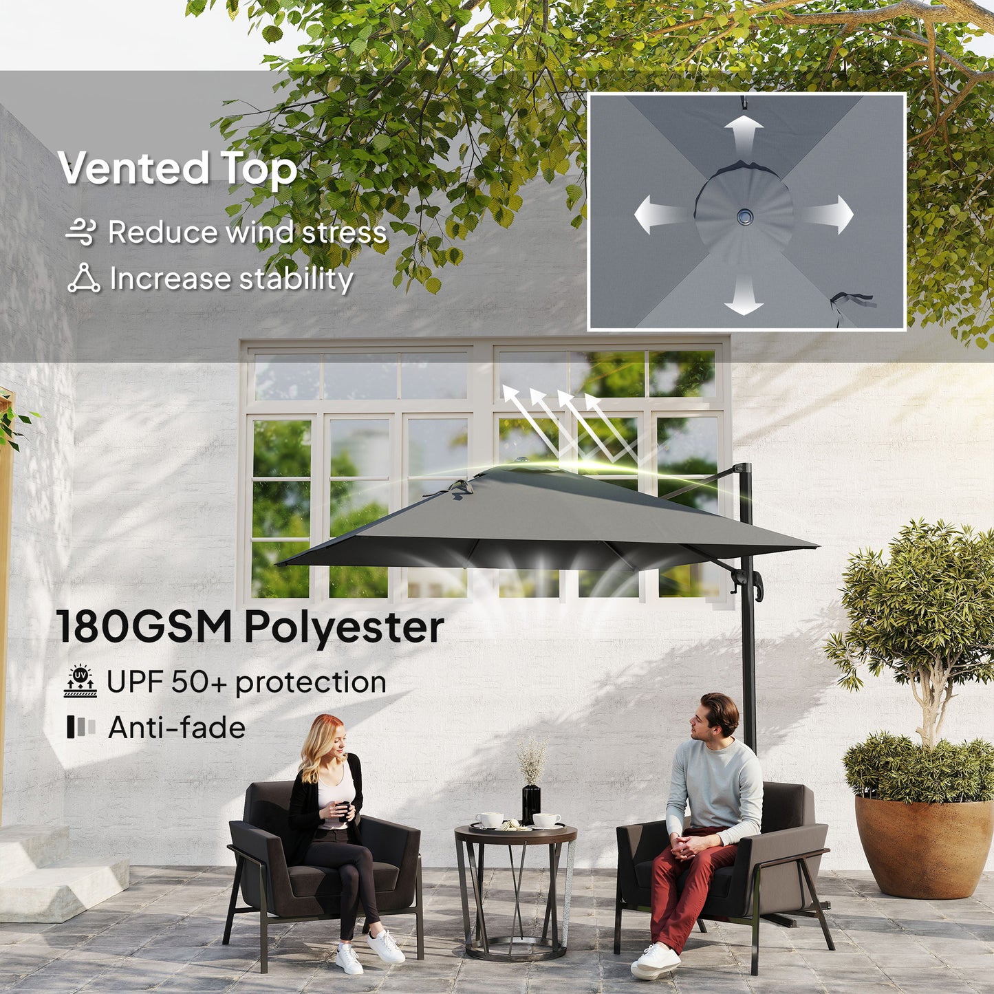 Outsunny 8 FT Aluminium Cantilever Patio Umbrella with 360Â° Rotation, Cross Base, Crank and Tilt for Garden, Patio, Dark Grey
