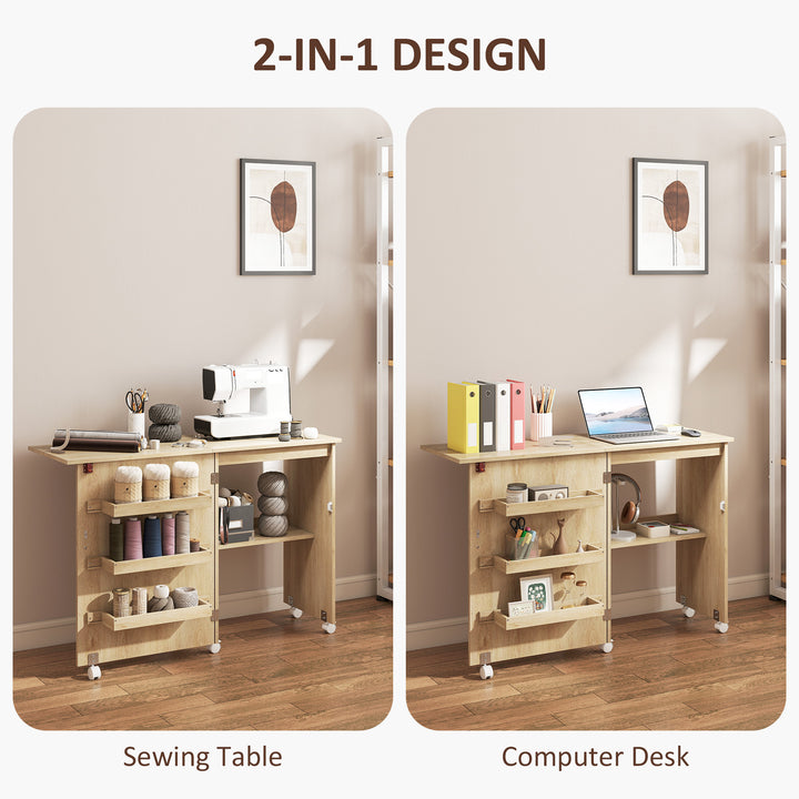 HOMCOM Sewing Machine Cabinet, Folding Sewing Table with Storage Shelf, Bins and Lockable Wheels for Small Space, White