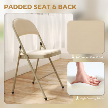 HOMCOM 4 Pack Folding Chairs with Padded Seats, Velvet Portable Party Chairs with Steel Frame, Beige