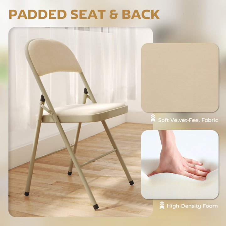 HOMCOM 4 Pack Folding Chairs with Padded Seats, Velvet Portable Party Chairs with Steel Frame, Beige