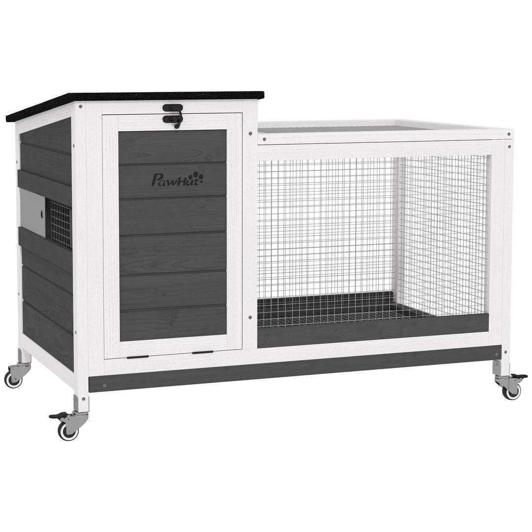PawHut Wooden Rabbit Hutch with Pull-Out Tray, Asphalt Openable Roof, Small Animal Cage on Wheels with Run, Grey