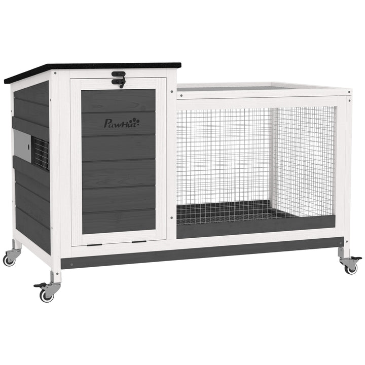 PawHut Wooden Rabbit Hutch with Pull-Out Tray, Asphalt Openable Roof, Small Animal Cage on Wheels with Run, Grey