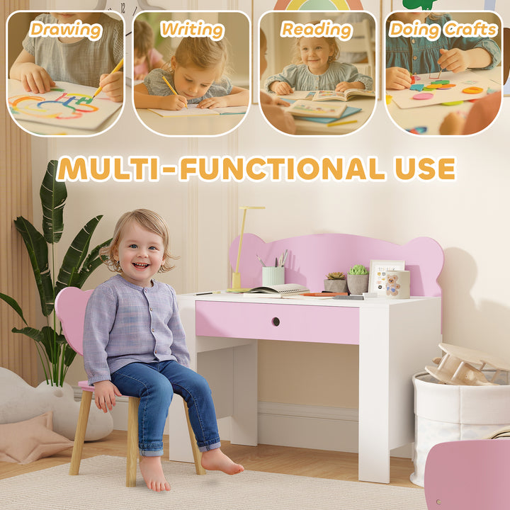 Qaba Kids Desk and Chair Set with Drawer for Drawing, Reading, Bear Theme Children Furniture for Bedroom, Daycare, Pink