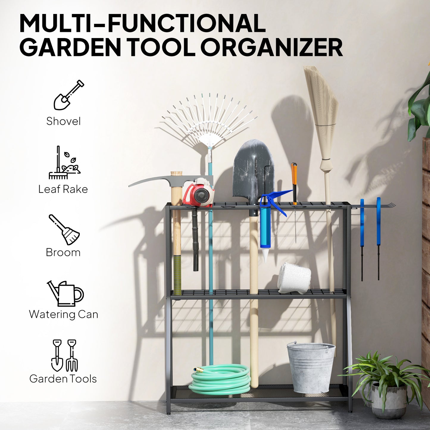 Outsunny 3-Tier Yard Tool Tower Rack, Garden Tool Organizer with Hooks for Long-Handled Rakes, Shovel, Broom, Black