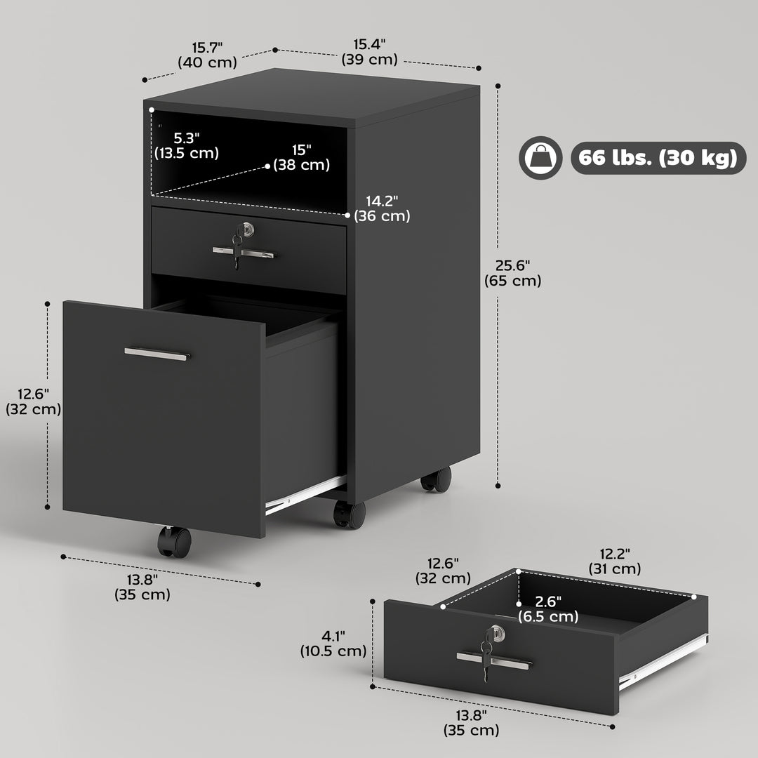 Vinsetto 2 Drawer Filing Cabinet with Lock, Vertical File Cabinet with Wheels, Mobile Office Cabinet for A4, Letter Size, White