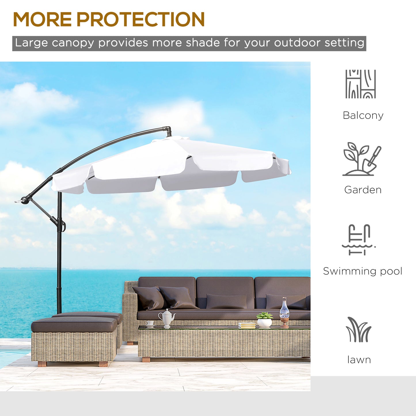 Outsunny 9FT Offset Hanging Patio Umbrella Cantilever Umbrella with Easy Tilt Adjustment, Cross Base and 8 Ribs for Backyard, Poolside, Lawn and Garden, White