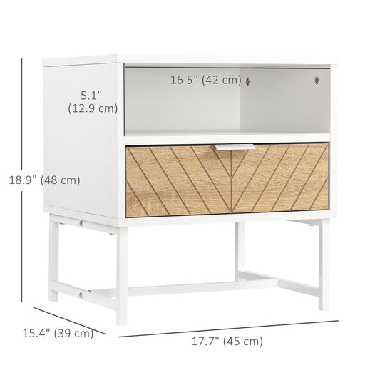 HOMCOM Modern Bedside Table with Drawer, Nightstand with Storage Shelf, Sofa End Table for Bedroom, White and Oak