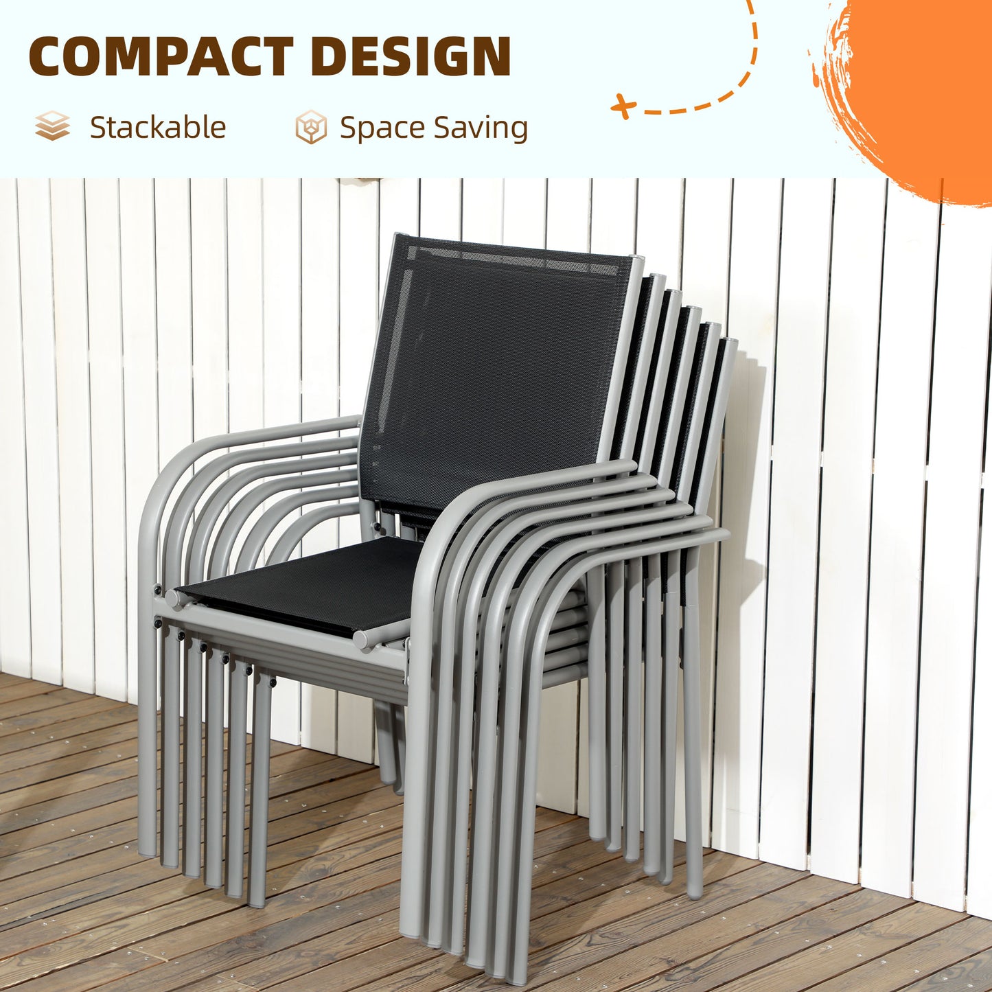 Outsunny 7 Piece Outdoor Patio Dining Set with Table and 6 Stackable Chairs, Steel Frame, Tempered Glass Top, Mesh Seats, Black