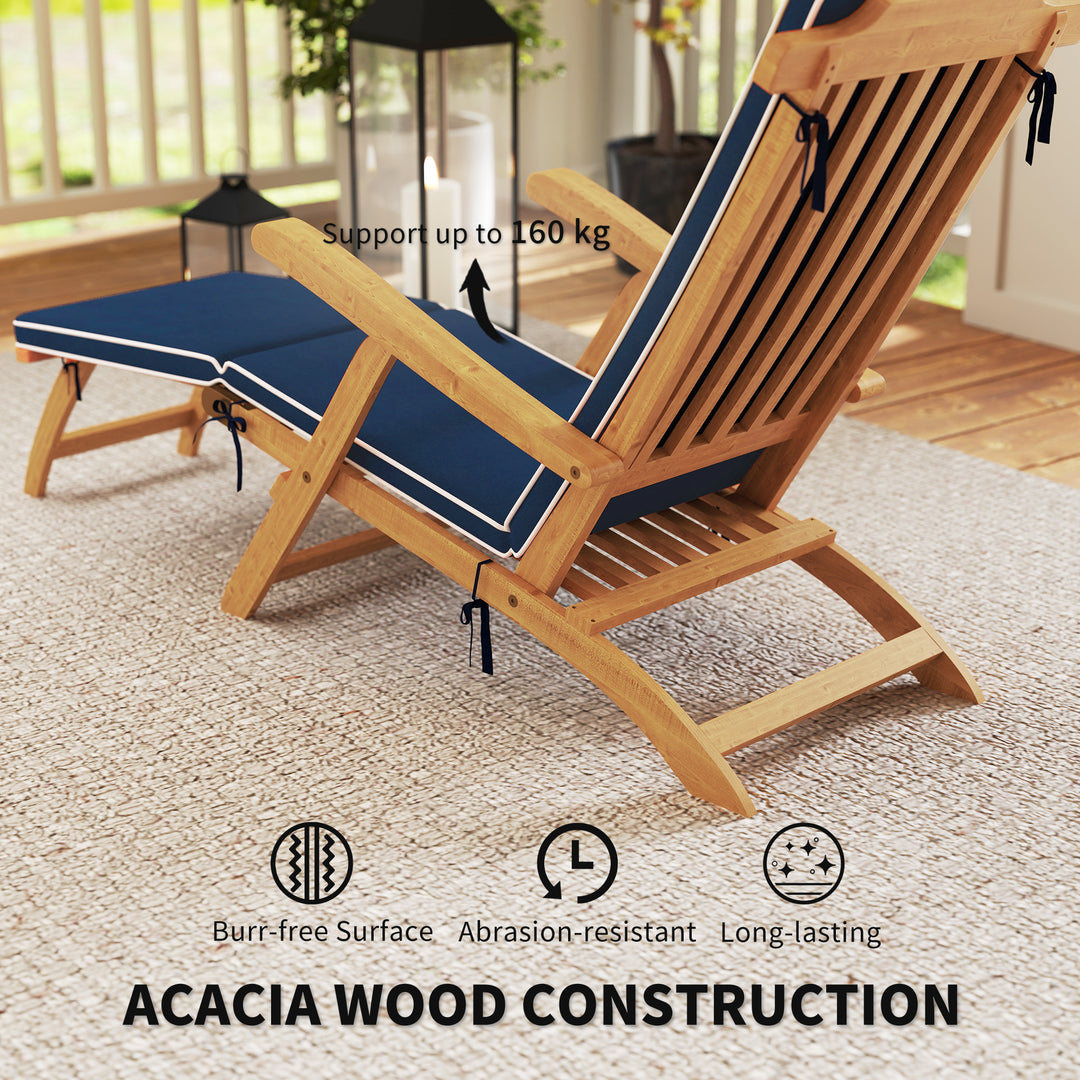 Outsunny Folding Patio Lounge Chair with Padded Cushion, Acacia Wood Patio Lounger Recliner with Footrest for Garden, White
