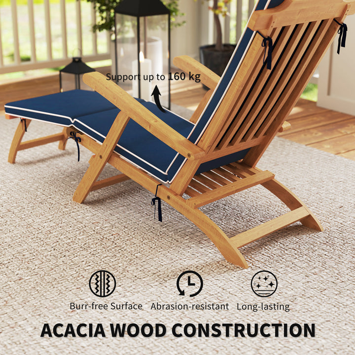 Outsunny Folding Patio Lounge Chair with Padded Cushion, Acacia Wood Patio Lounger Recliner with Footrest for Garden, White