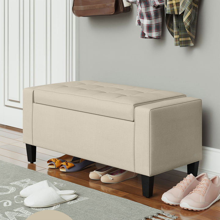 HOMCOM Storage Ottoman Bench, Linen Upholstered Bench with Tufted Design, Brown