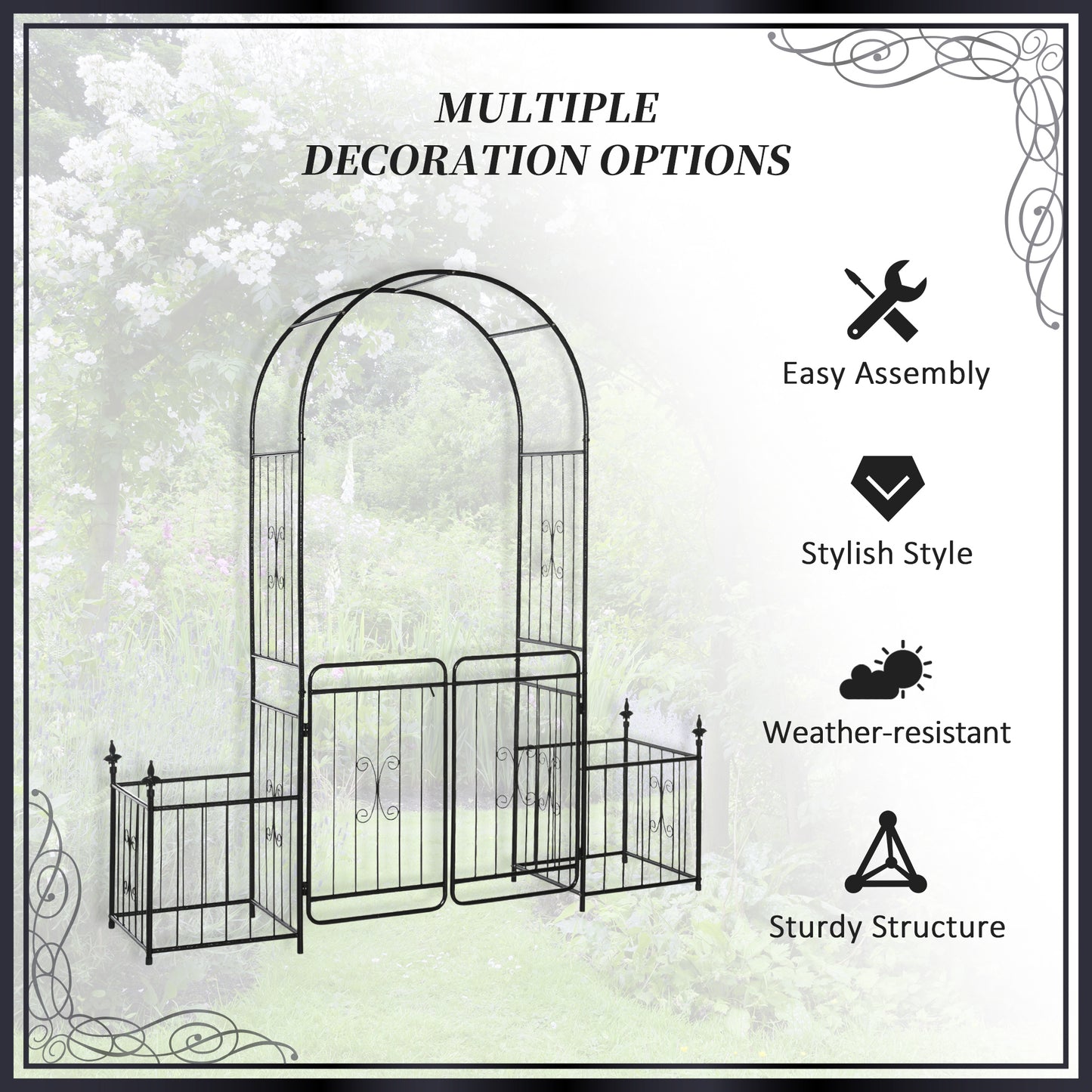 Outsunny 7.2FT Metal Garden Arbor Arch with Double Doors, 2 Side Planter Baskets, Climbing Vine Frame, Black