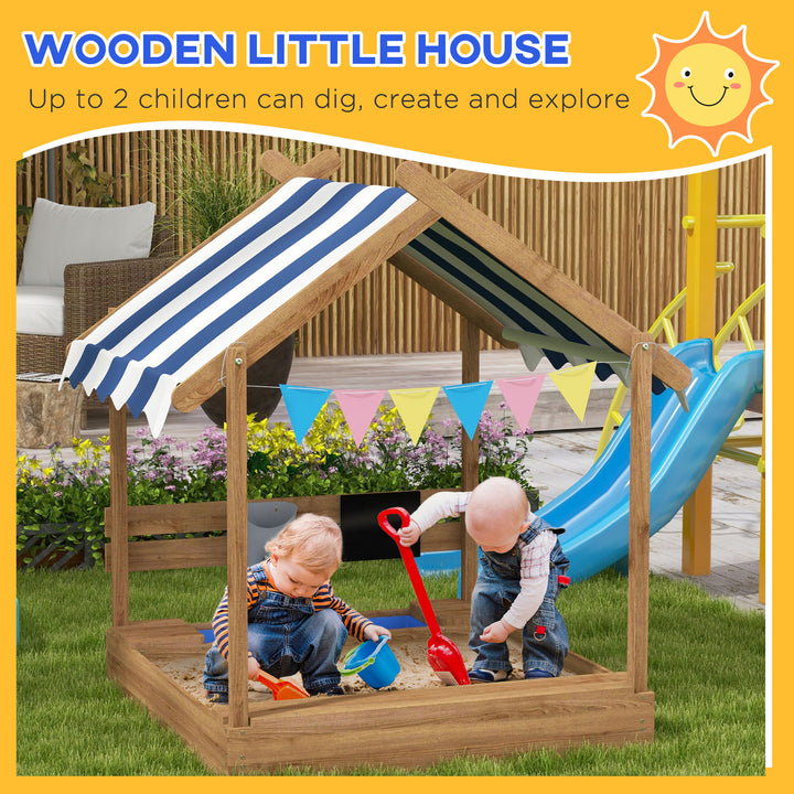 Outsunny Outdoor Wooden Sandbox with Cover for 3-7 Years Old, Backyard, Brown