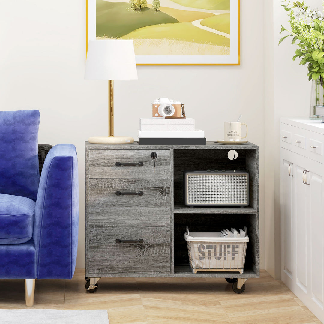 HOMCOM Mobile Printer Stand with Charging Station USB Ports Locking Filing Cabinet for A4 Letter Size Grey