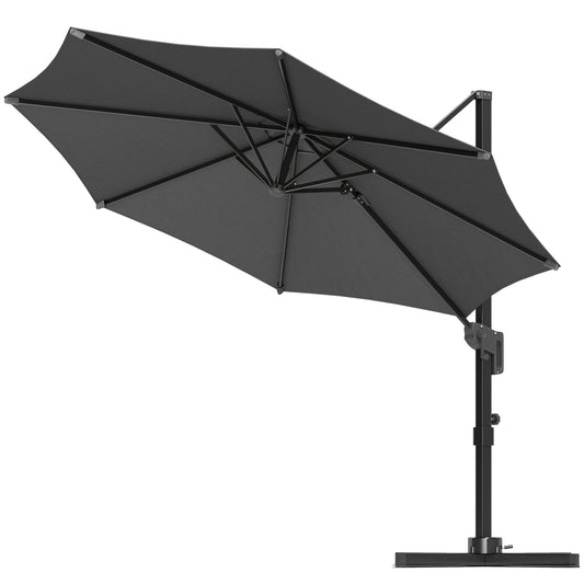 Outsunny 10' Offset Patio Umbrella Cantilever Umbrella with Aluminium Pole 360Â° Rotation and Tilt Adjustment, Grey