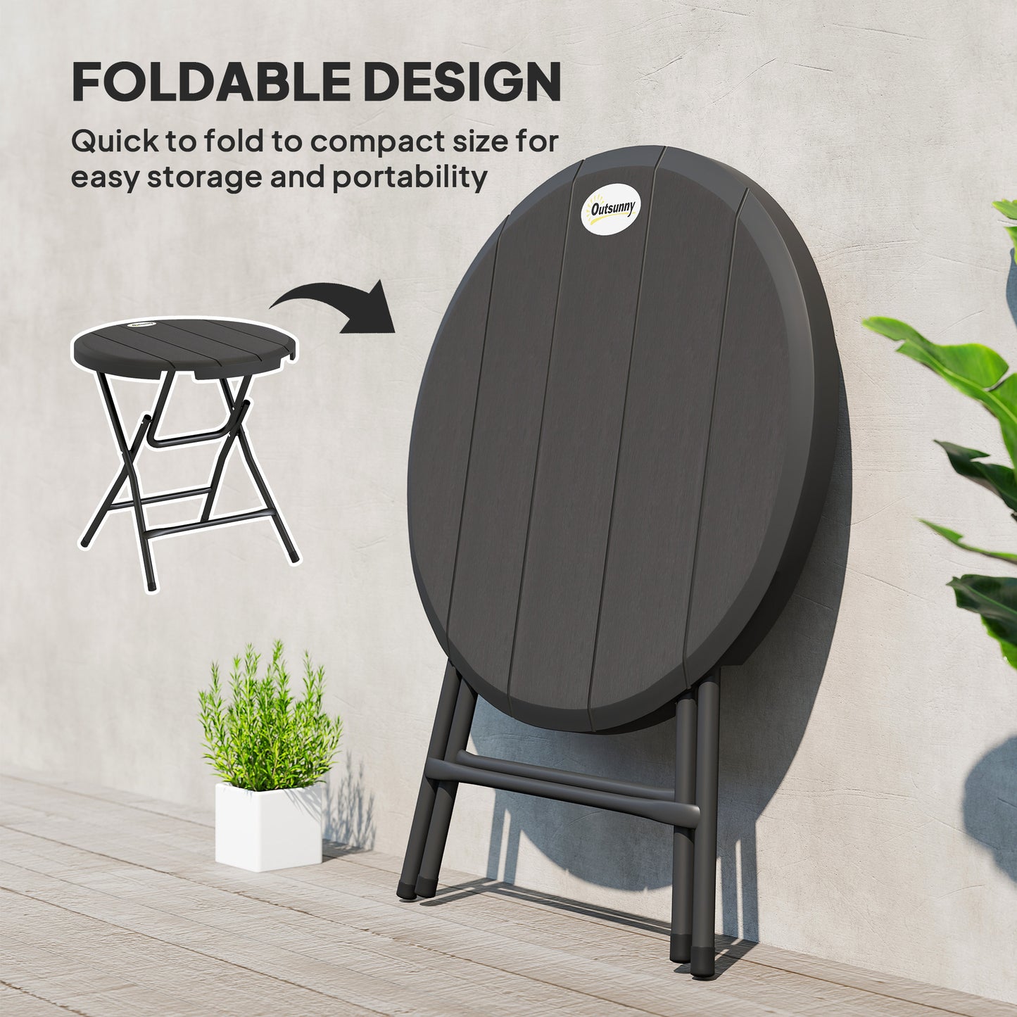 Outsunny Foldable Round Patio Table for 4, Outdoor Dining Table with HDPE Tabletop and Steel Frame, Dark Grey
