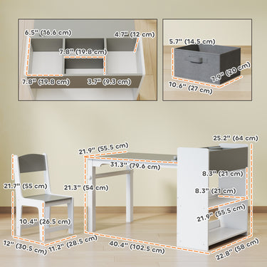 Qaba Kids Table and Chairs Set, Toddler Art Table and Chair Set with Paper Roll, Storage Shelves and Drawers, Grey