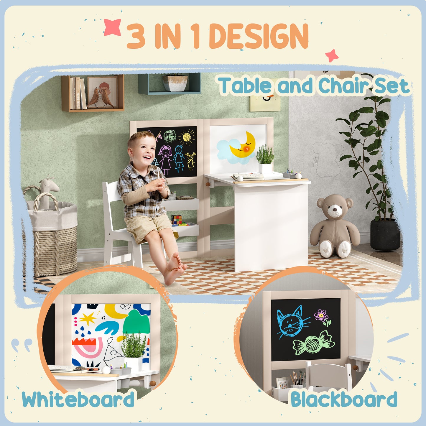 Qaba 3 in 1 Kids Table and Chair Set with Foldable Easel, Storage Shelves, Roll Paper, White