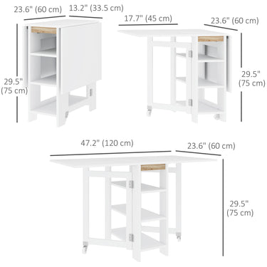 HOMCOM Folding Dining Table with Storage, Drop Leaf Kitchen Table for Small Spaces, White