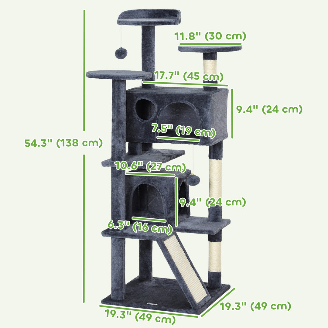 PawHut 54" Cat Tree, Multi-Level Cat Tower with Scratching Posts, Cat Condos, Bed, Platforms, Ramp, Toy Ball, Dark Blue
