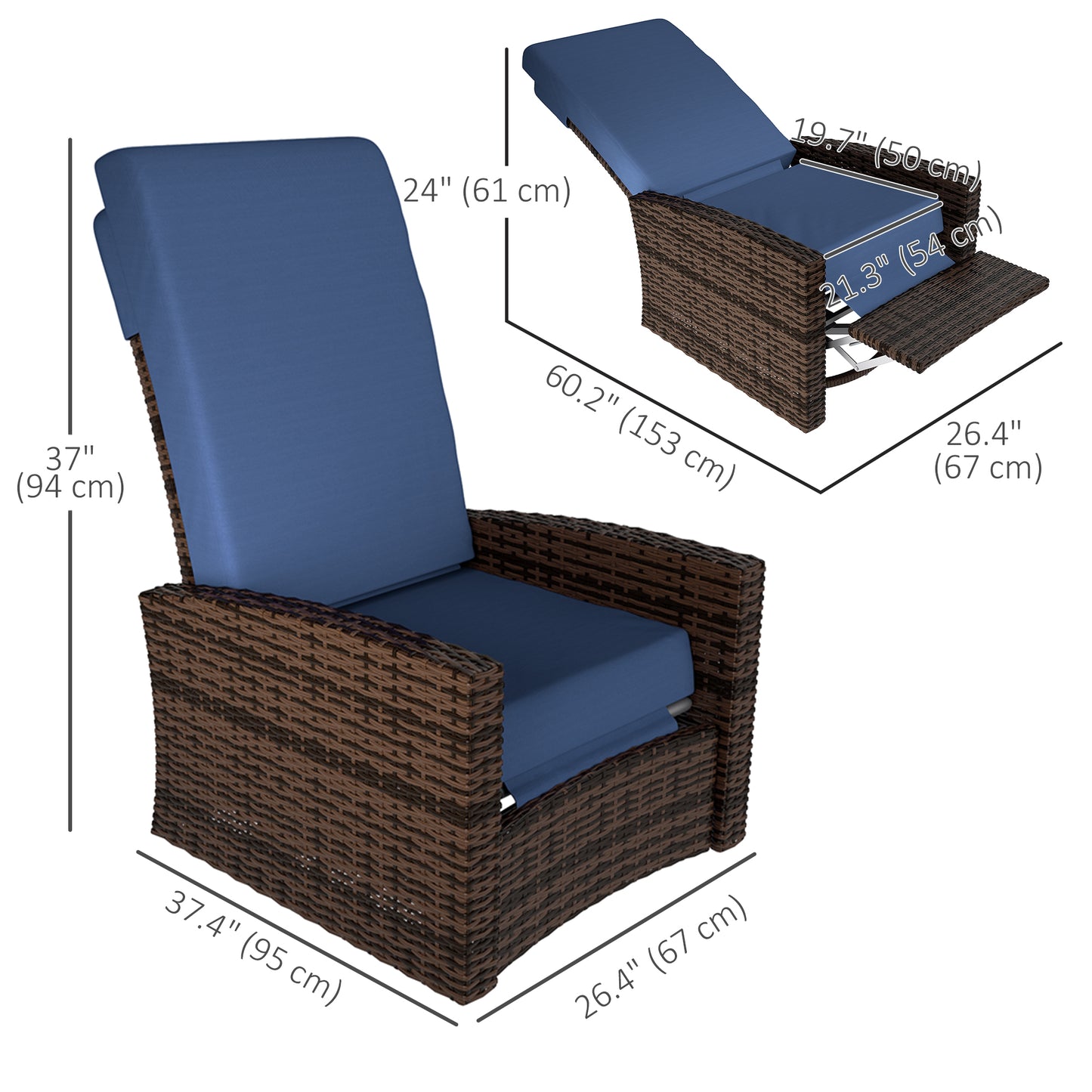 Outsunny Outdoor Rattan Wicker Lounge Chair with Footrest & Soft Cushion for Patio, Garden, Backyard, Sky Blue