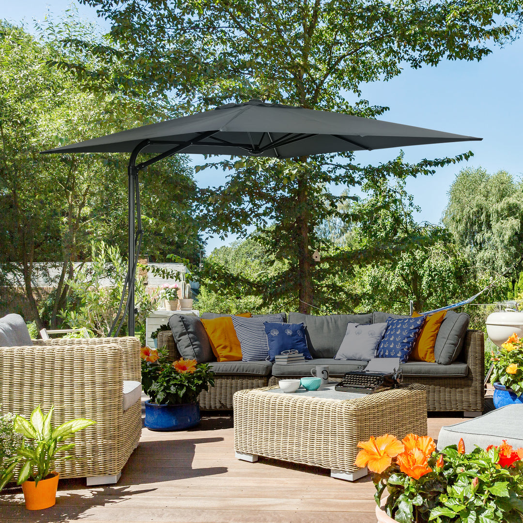 Outsunny 8FT Cantilever Patio Umbrella, Offset Patio Umbrella with Cross Base for Deck, Backyard, Pool and Garden, Hanging Umbrellas, Switch with a Wrench, Dark Gray