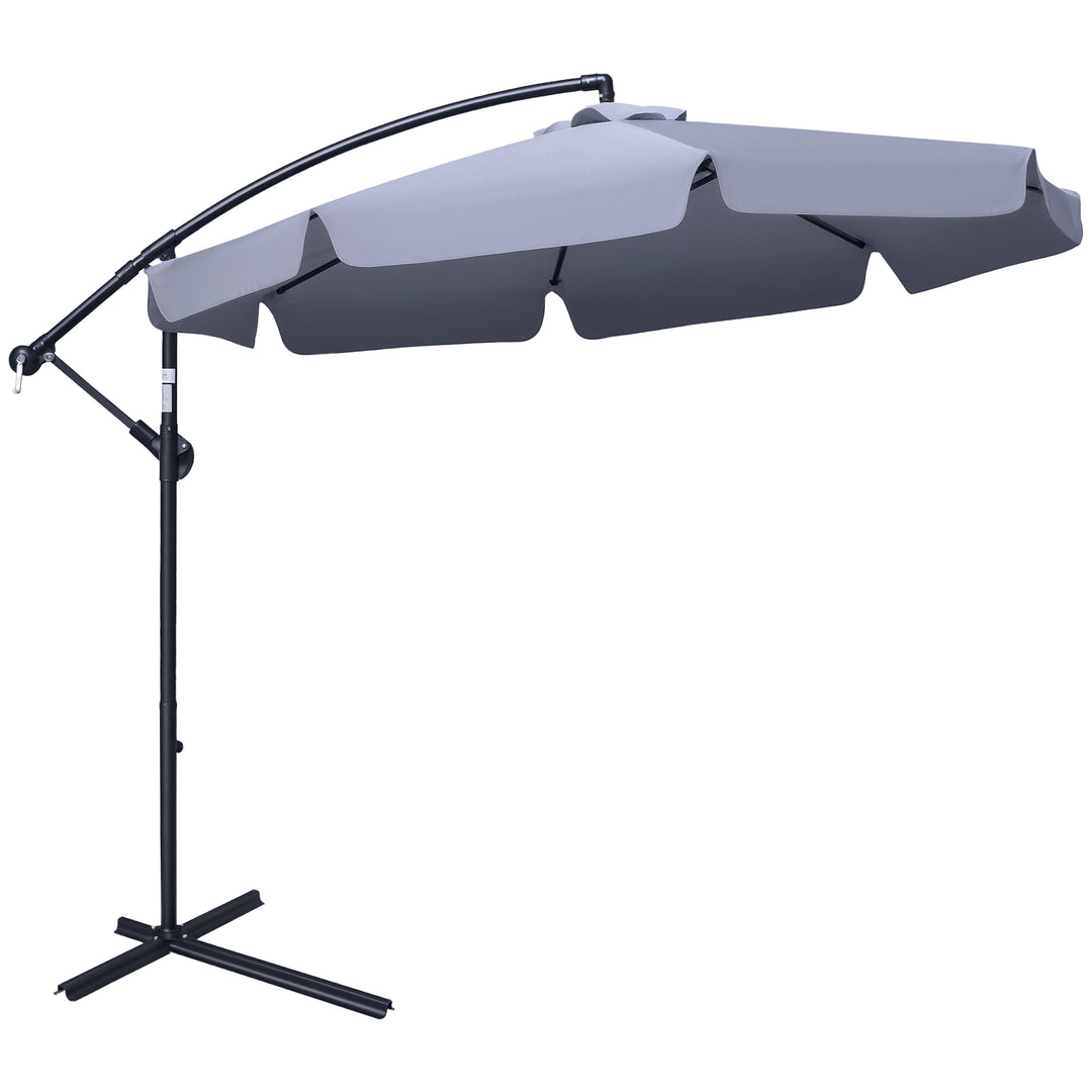 Outsunny 9FT Offset Hanging Patio Umbrella Cantilever Umbrella with Easy Tilt Adjustment, Cross Base and 8 Ribs for Backyard, Poolside, Lawn and Garden, White
