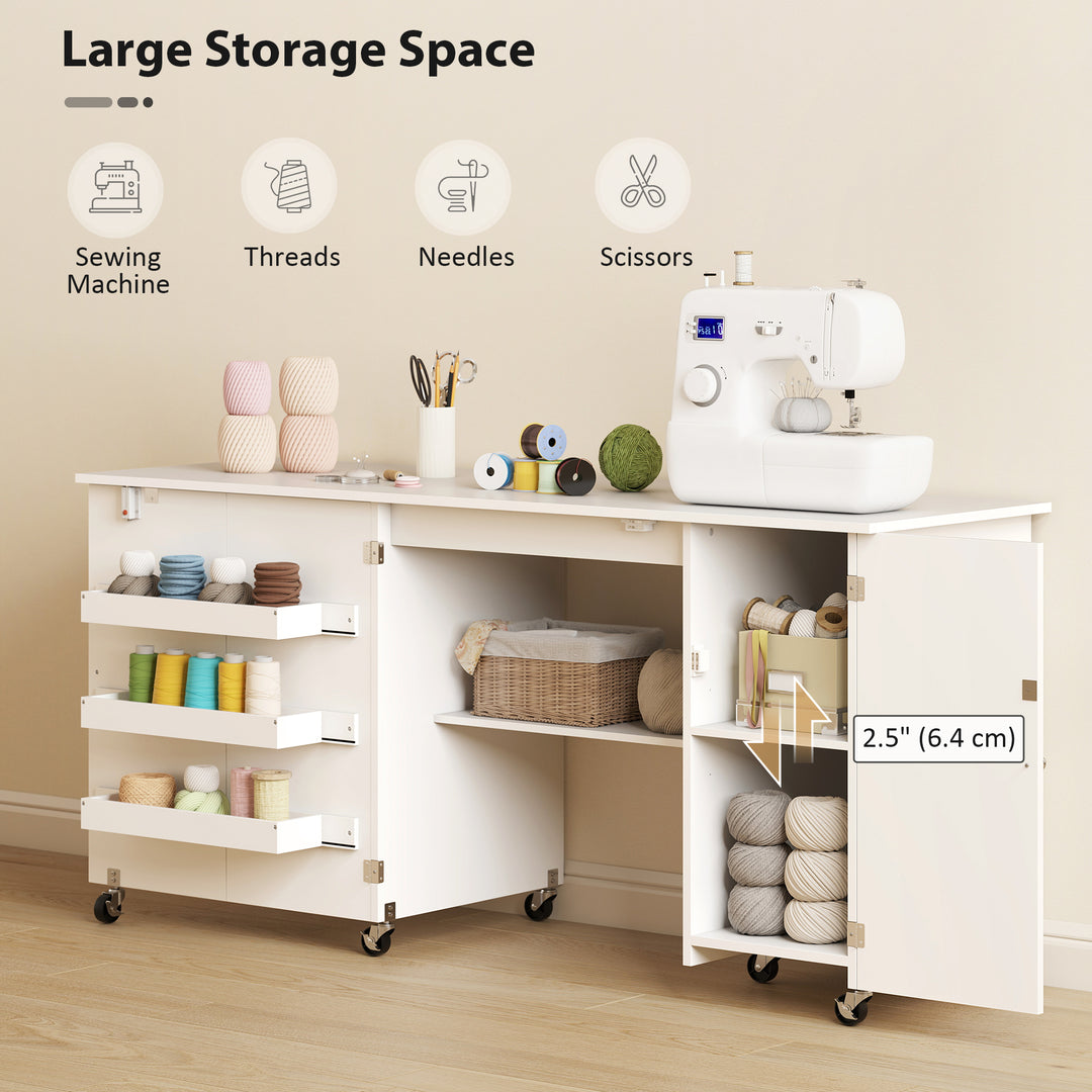 HOMCOM Sewing Machine Table with Drop Leaf, Folding Craft Table with 2 Doors and Adjustable Shelf for Small Spaces, Natural